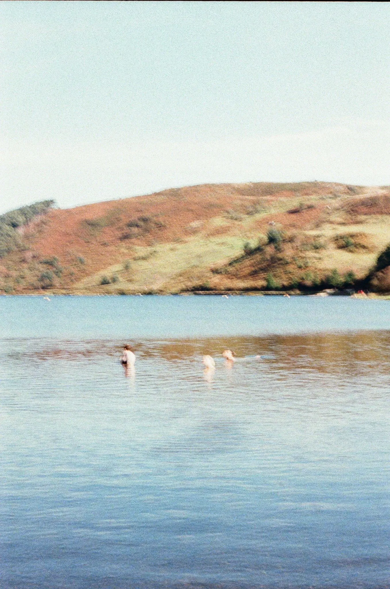 A few swimmers far out on a calm lake below a russet hillside, shot on film