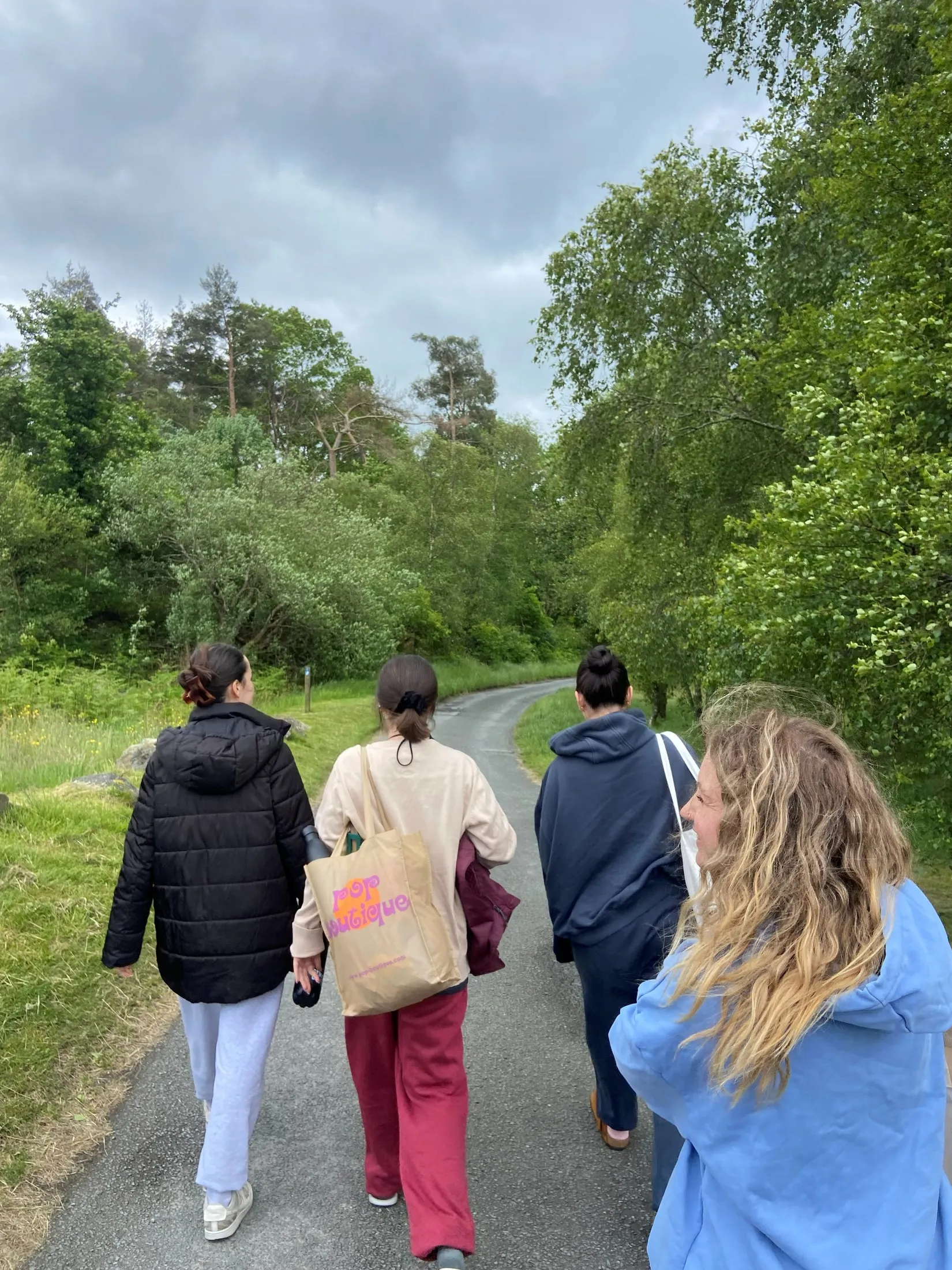 Four women walking down a leafy country lane under a grey, cloudy sky