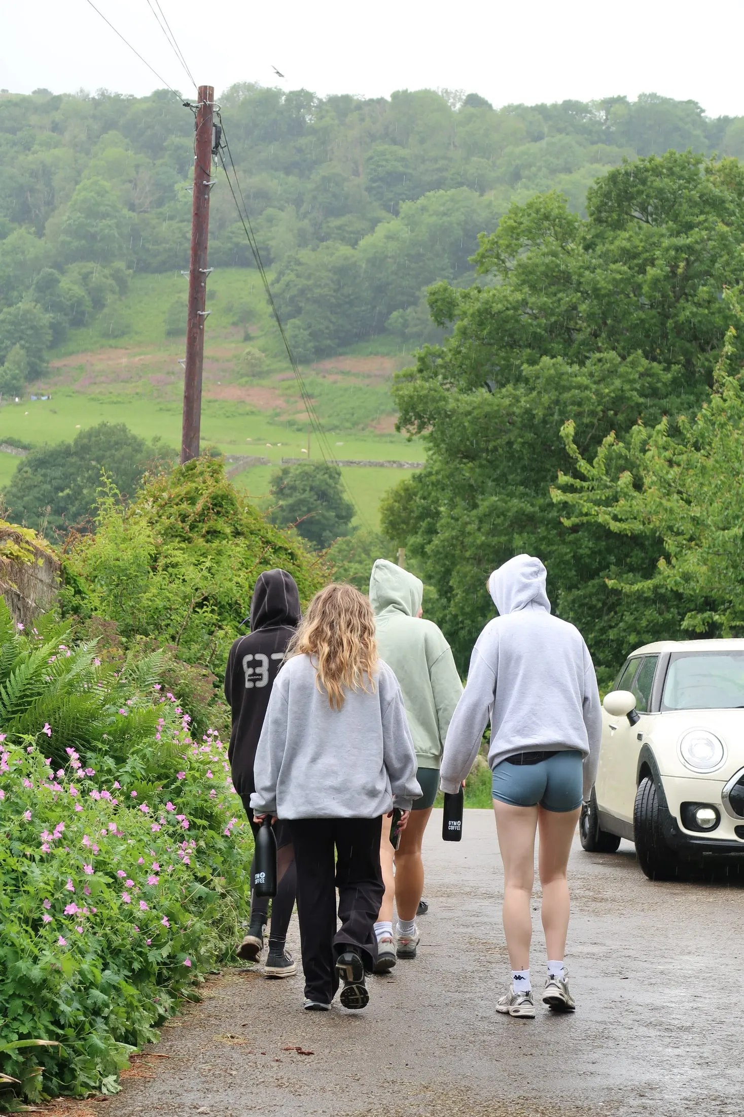 Four women walking along a wet lane past pink wildflowers, wooded hills beyond